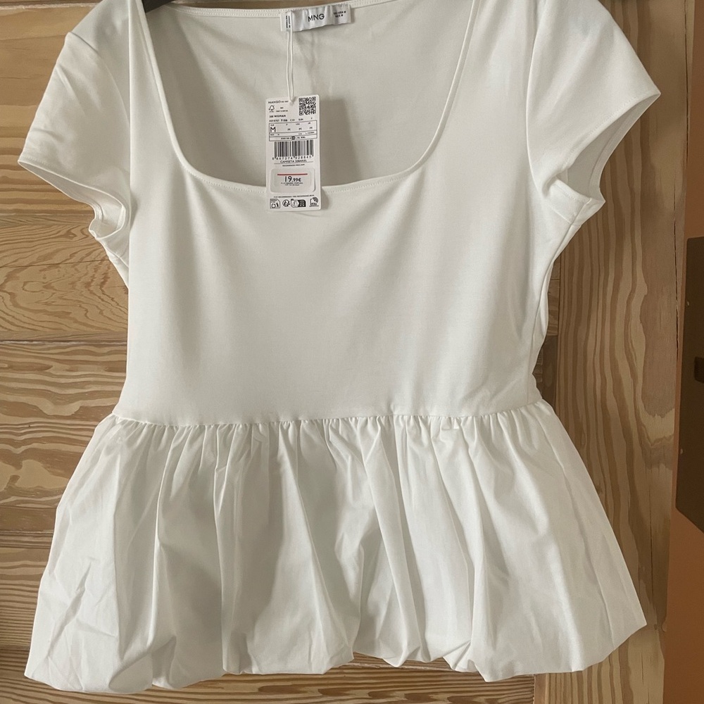 Mango White Short Sleeve Peplum Top